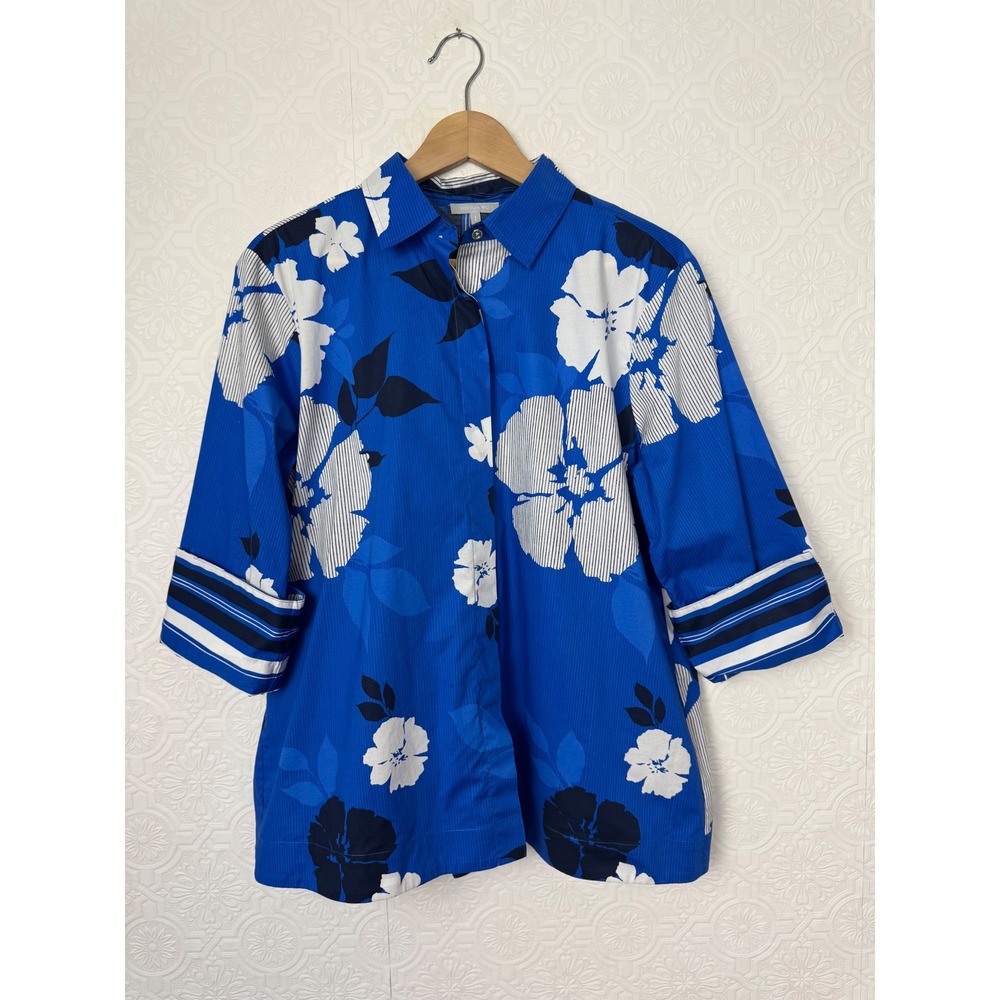 Hinson Wu Xena Floral Stripe Back Zip Top Royal Blue White Navy Large Abstract